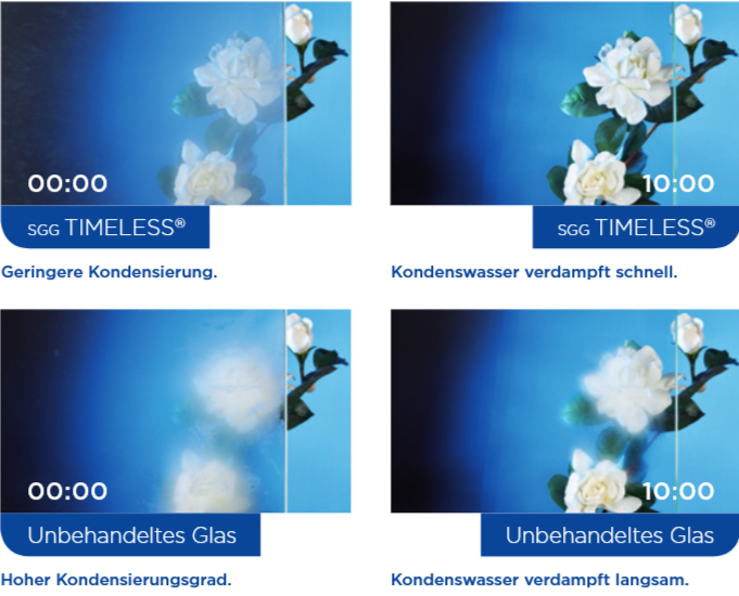 Grafik vergleicht Kondensierung von SGG TIMELESS und unbehandeltes Glas