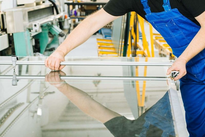 Arbeiter bearbeitet eine Glasfläche